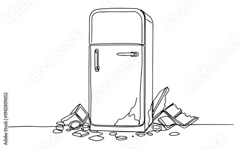 Old refrigerator with trash and food waste, continuous one line drawing vector, food spoilage or waste management concept, broken appliance