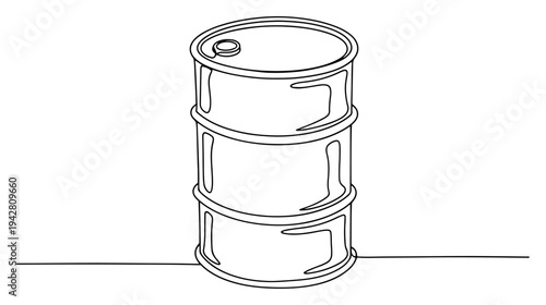Oil barrel or chemical metal drum, continuous one line drawing vector, industrial energy and fuel storage concept, petroleum container