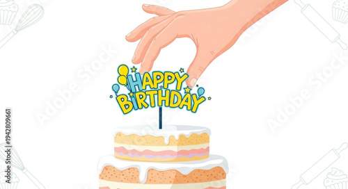 Hand Placing Birthday Cake Topper.