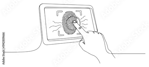 Fingerprint biometric security scanning on tablet screen, continuous one line drawing vector, digital identity and cybersecurity concept