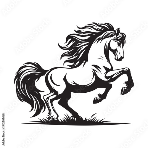 A black and white illustration of a horse rearing up on its hind legs.