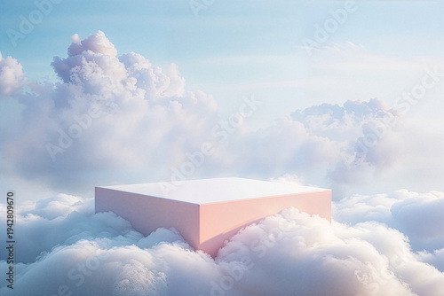 Minimal pastel podium floating among soft clouds, perfect for product presentation, branding, and advertising mockups.