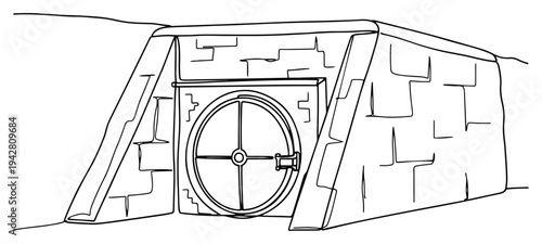 Underground bunker vault entrance in a hill, continuous one line drawing vector, fallout shelter and survival security concept