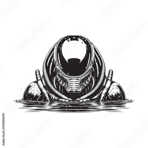 A black and white drawing of a person wearing a scuba diving helmet with a hose attached to it.
