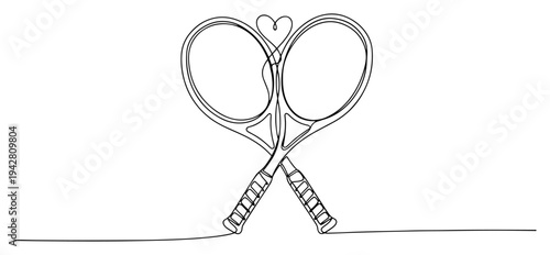 Two tennis rackets forming a heart shape, continuous one line drawing vector, love for sports and tennis hobby concept