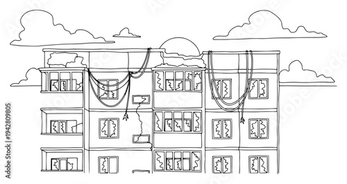 Destroyed apartment building with broken windows and ruins, continuous one line drawing vector illustration, war or post-apocalyptic city concept