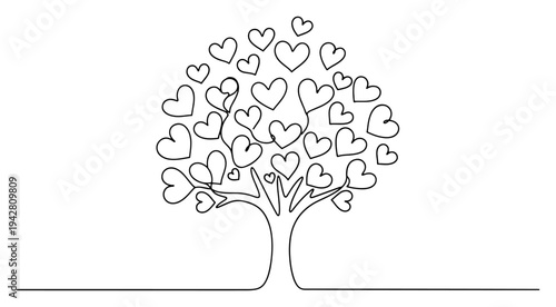 Love tree with heart shaped leaves, continuous one line drawing vector, family growth and romantic nature concept