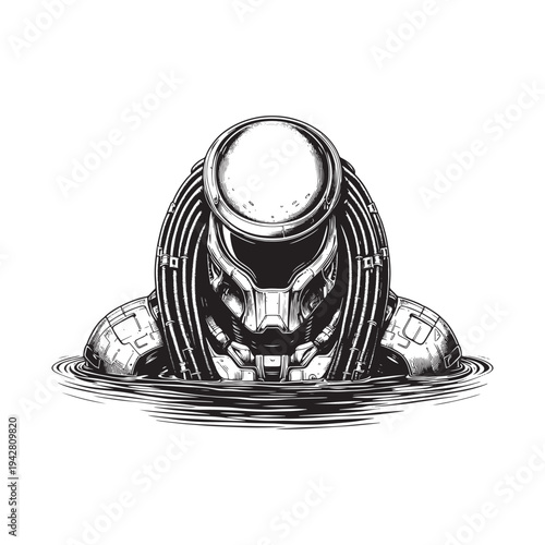 A black and white illustration of a predator emerging from water.