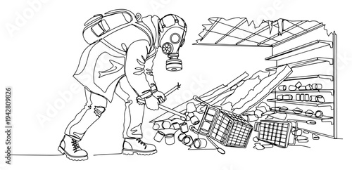 Survivor in gas mask scavenging in destroyed store ruins, continuous one line drawing vector, post-apocalyptic scavenger and dystopian future concept