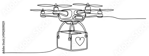 Drone delivery carrying gift box with heart symbol continuous one line drawing, modern technology courier service vector illustration, shipping love and care concept
