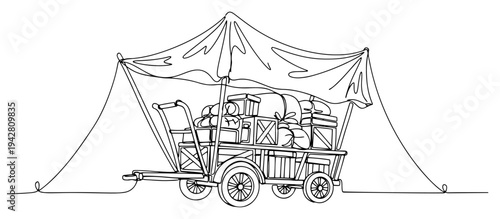 Wagon with supplies and sacks under tent shelter, continuous one line drawing vector, refugee camp or survival nomadic life concept