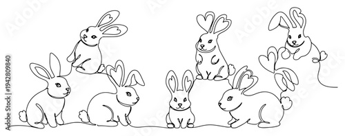 Group of cute rabbits with heart shaped ears continuous one line drawing, adorable bunny set for easter or love concept vector illustration, minimalist animal pets