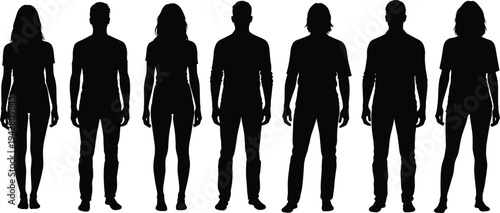 Men and women silhouettes standing side by side, casual people figures collection representing diversity, lifestyle, teamwork concept isolated on white background