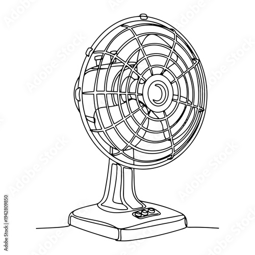 Electric desk fan for cooling, continuous one line drawing vector, summer heat and air conditioning concept