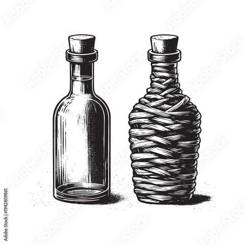 Vintage illustration of two distinct glass bottles with unique designs.