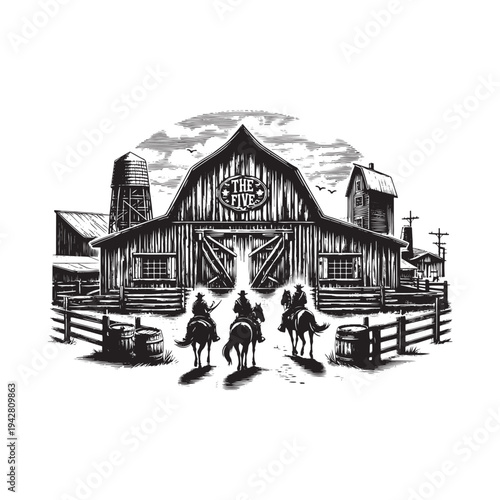 Three horseback riders approaching a rustic barn on a snowy day.