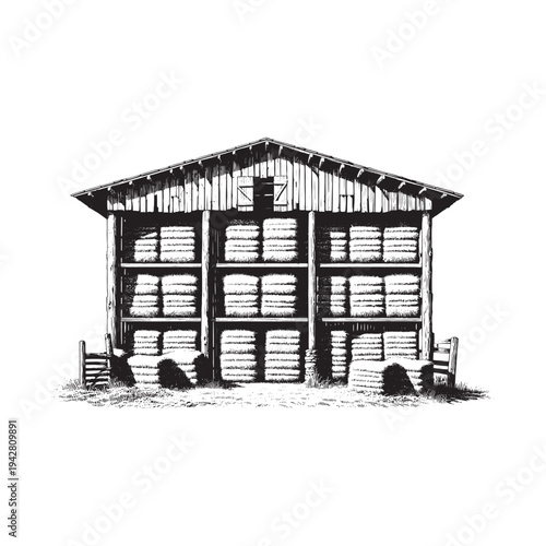 A detailed black and white drawing of a large barn with hay bales.