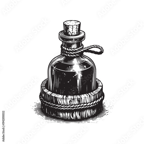 A detailed illustration of a glass bottle with a cork and rope, sealed and placed on a wooden base.