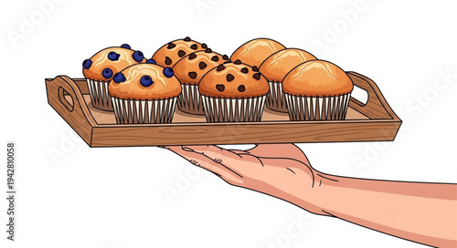 Hand holding tray of muffins.