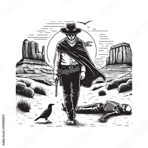A lone cowboy stands over a fallen outlaw in a desert landscape with a crow nearby.