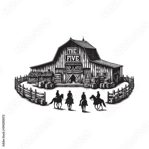 Vintage illustration of a barn with horse riders outside.
