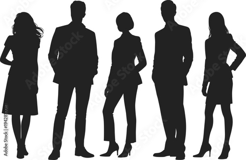 Group of professional business people silhouettes standing together in formal suits and corporate attire isolated on white background for diverse teamwork and leadership concepts