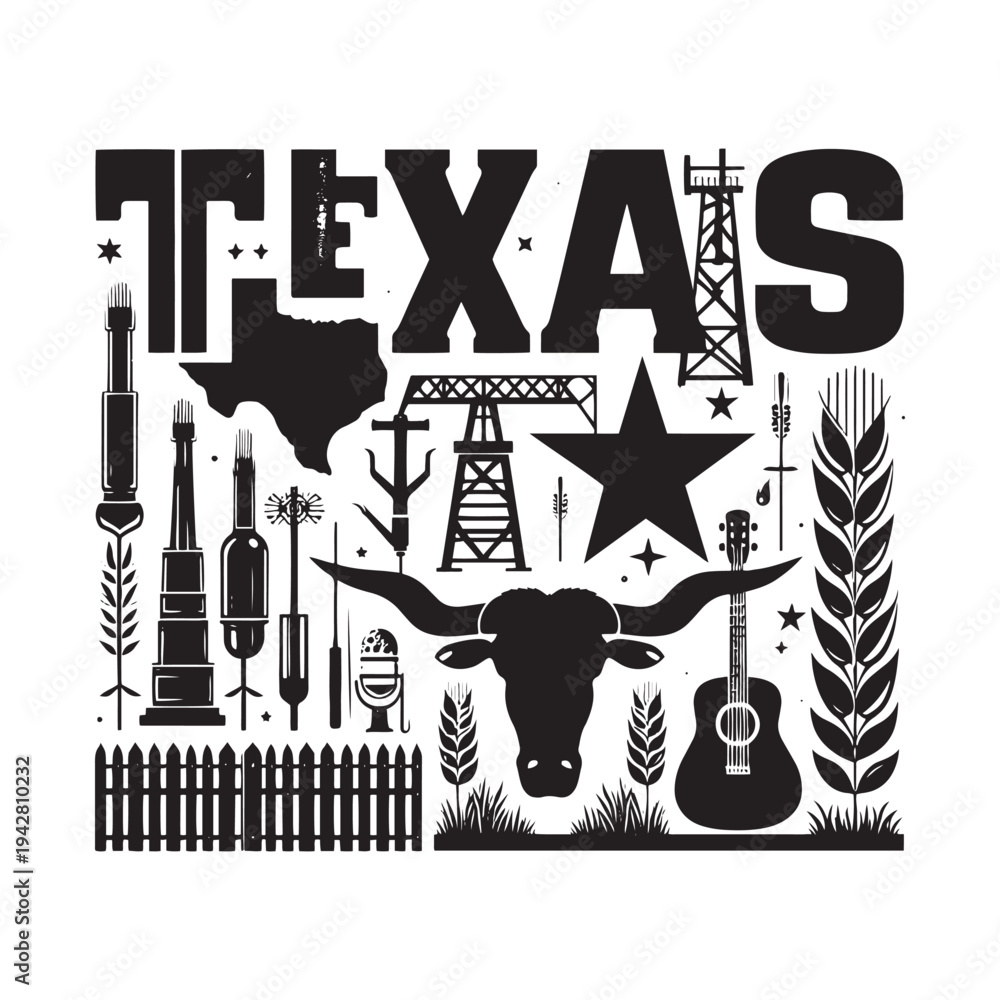 Fototapeta premium A graphic representation of texas culture and symbols in black and white.