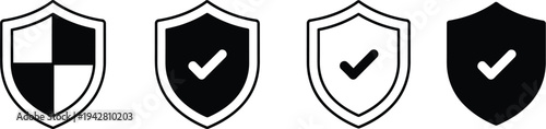 Checkmark symbol of security, protection, and verification. Safe state, approved status, or successful validation. Cybersecurity, warranty information, and service reliability badges. 