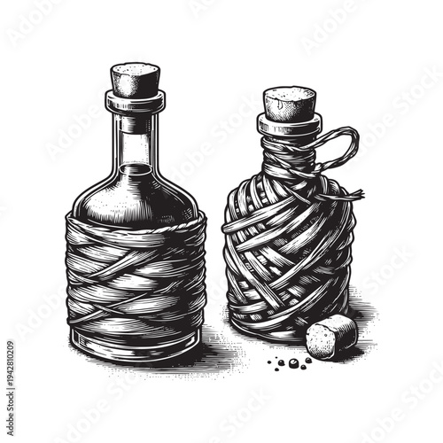 Vintage illustration of two bottles with rope wrapping and corks.