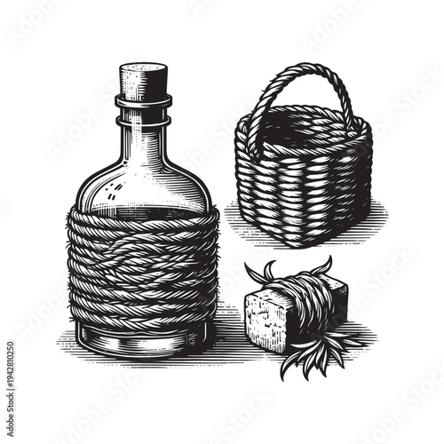 A bottle wrapped in rope with a wicker basket and a tied object beside it.