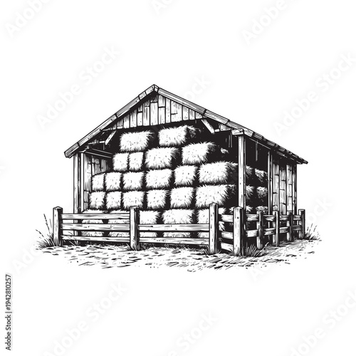 A rustic barn filled with hay bales, surrounded by a wooden fence.