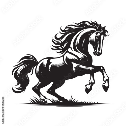 A black and white illustration of a horse in mid-gallop with flowing mane.