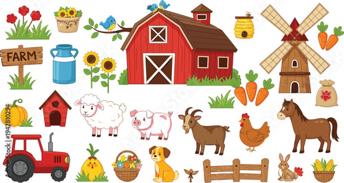 Farm Life Illustration Set Featuring Barn, Tractor, Windmill, Farm Animals, Crops, and Rural Agriculture Elements