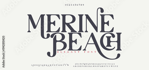 MERINE BEACH Elegant alphabet letters font and number. Classic Copper Lettering Minimal Fashion Designs. Typography fonts regular uppercase and lowercase. vector illustration