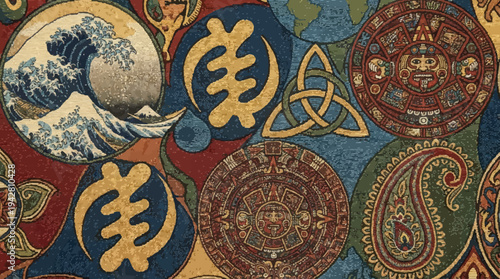 Vibrant Tapestry of Global Heritage Symbols An Intricate Pattern Showcasing Diverse Cultural Motifs