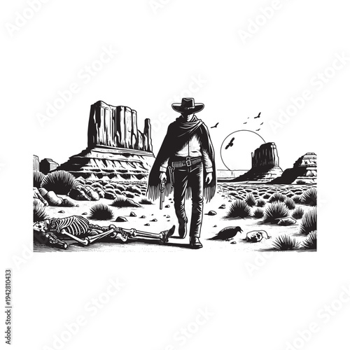 A lone cowboy walks through the desert landscape with rocky formations.