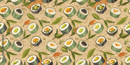 Colorful assortment of intricately wrapped sushi rolls on a decorative plate. Vector