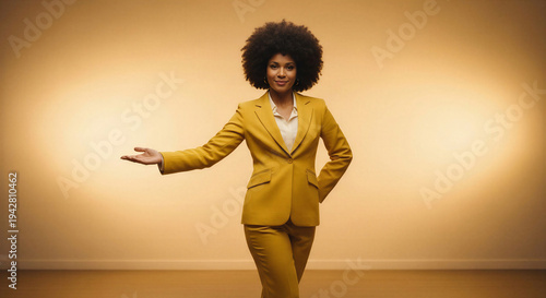 Confident black woman in yellow suit presenting with outstretched arm  