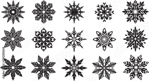 Collection of unique black snowflakes on white background illustration