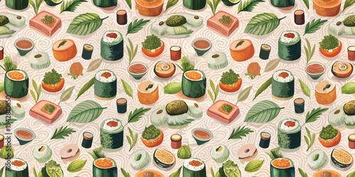 Colorful assortment of sushi and japanese-inspired dishes in a repeating pattern design Vector