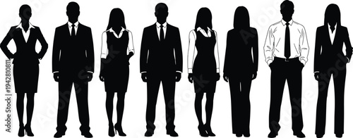 Business men and women silhouettes standing together in formal attire, professional corporate team diversity concept isolated on white background