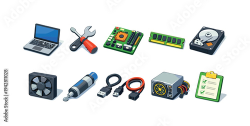 Isometric icons of computer hardware and accessories