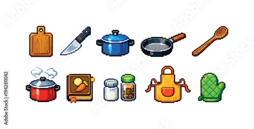 Kitchen utensil and cooking icons in pixel art for culinary themes and recipes