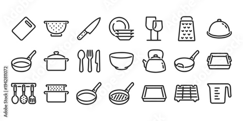Kitchen utensils and cookware flat icons for food preparation
