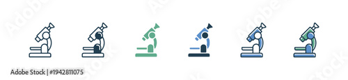 Laboratory microscope icon set with various colors and outline styles for science research