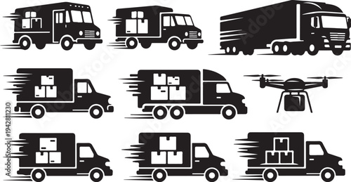 Delivery vehicles and drone in motion on white background