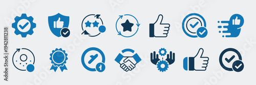 Reliability icon set, featuring best practices, shield security, quality badge, trust brand, thumbs up, five stars, satisfaction, checkmark, verified, authenticity, and consistency symbols in vector 