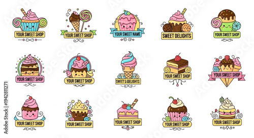 Collection of colorful ice cream and dessert emblems with decorative elements.
