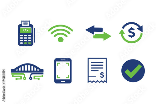 Modern payment and transaction icons for digital services, contactless payment, mobile app, and receipt