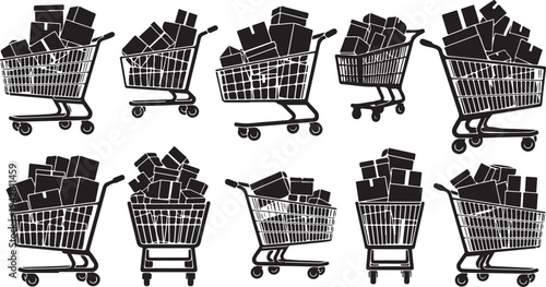 Shopping carts filled with boxes and products on wheels